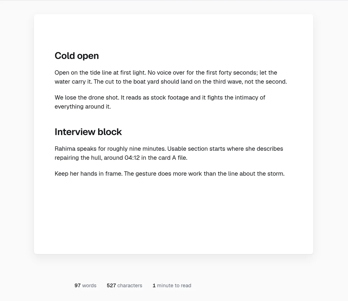 A script open in the document editor, with headings, body text and a live word count.