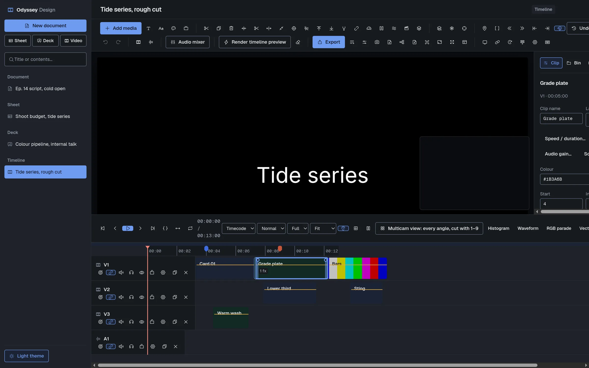The Odyssey Design video editor in its dark theme, with the same edit open.
