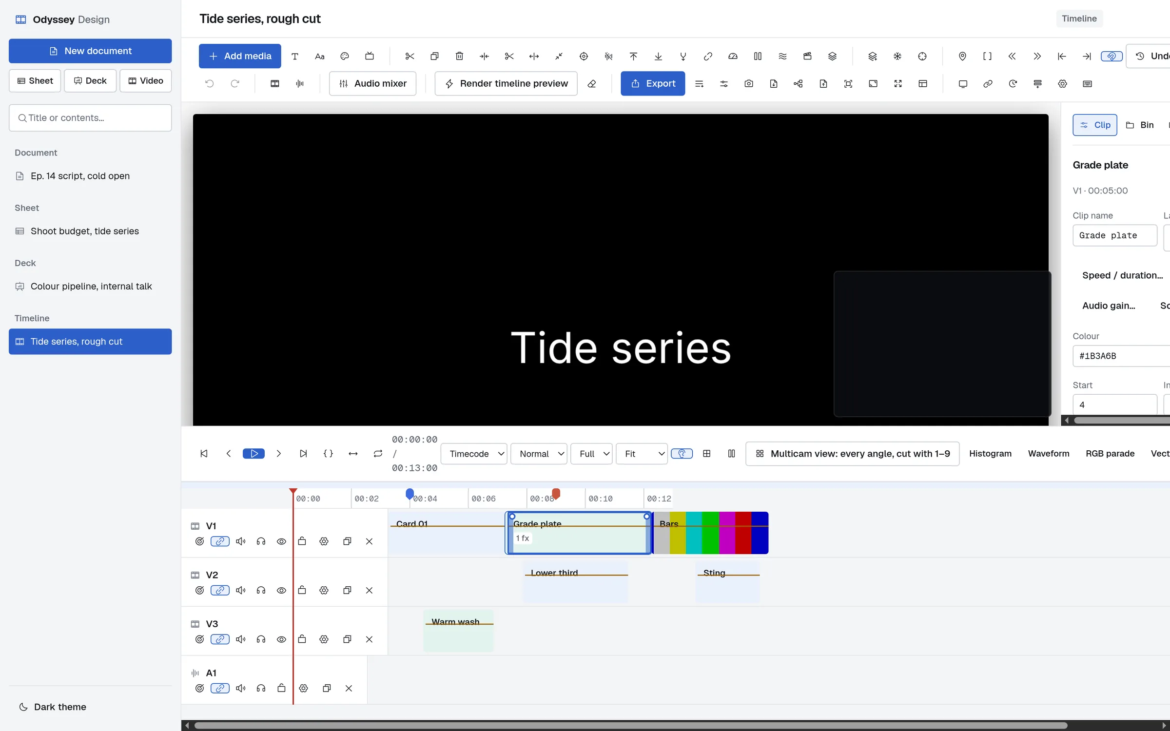The Odyssey Design video editor: three video tracks and an audio track, the title card on the preview monitor and the clip inspector on the right.
